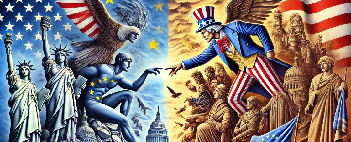 DALL·E 2025-03-01 12.43.30 - A symbolic illustration depicting the mutual perception of liberation between America and Europe. On the left side, a figure representing the United S